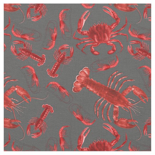 Seafood Pattern Crawfish Hummer Rustikal Dunkelgra Stoff (Nahaufnahme)