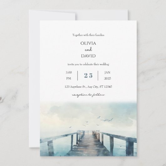 Seageln über Rustikaler Pier Wasserfarbenstrand Ho Einladung (Vorderseite)