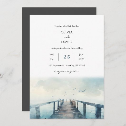 Seageln über Rustikaler Pier Wasserfarbenstrand Ho Einladung (Vorne/Hinten)