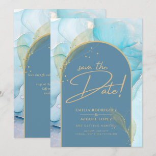 Seaglass INK Aquamarin Aqua Blue Gold Hochzeitstag Einladung