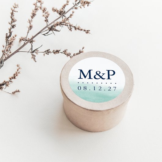 Seaglass Tides Wedding Monogram Runder Aufkleber