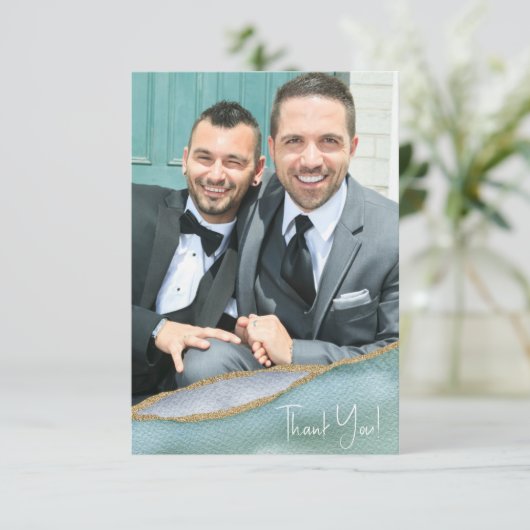 Seaglass Watercolor Gold Accent Wedding Foto Dankeskarte (Stehend Vorderseite)