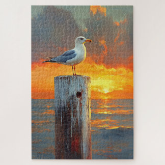Seagull auf einem Pole Sunset Puzzle