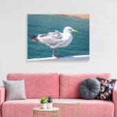 Seagull auf Geländer Ansicht Leinwand drucken (Insitu (Wohnzimmer))
