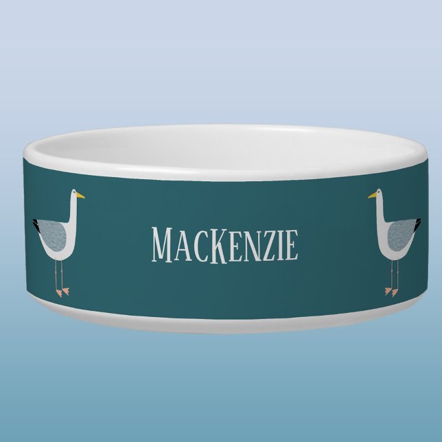 Seagull Coastal Personalisiert Napf (Fun seagull coastal themed personalized name dog or pet bowl)