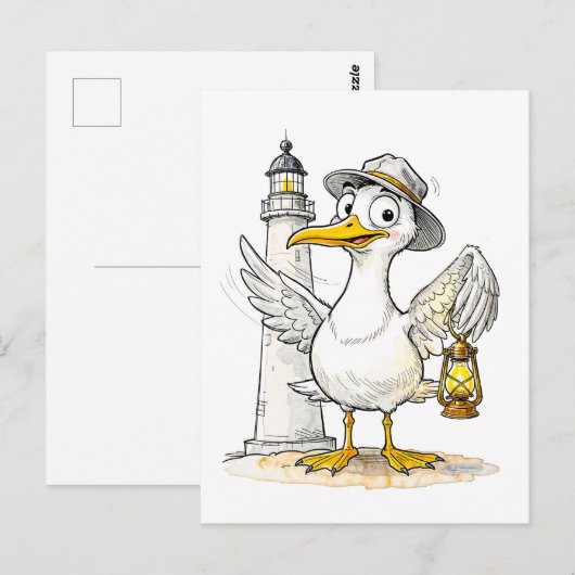 Seagull Comic Lighthouse Lantern Postkarte (Vorne/Hinten)