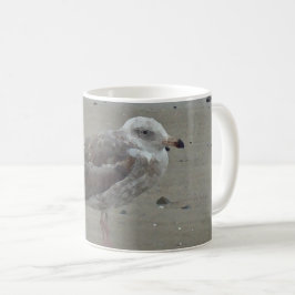Seagull entspannt auf der Natur des sandigen, gema Kaffeetasse
