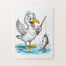Seagull Fishing with Rod in Shallow Water