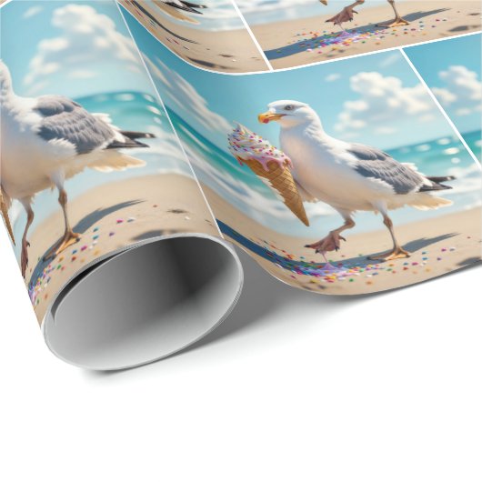Seagull Holding an Ice Cream Cone Geschenkpapier (Rolleneckpunkt)