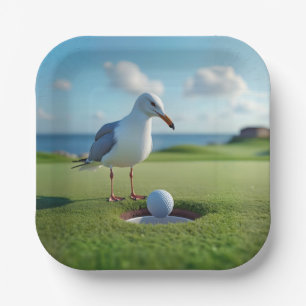 Seagull mit einem Golf-Ball Pappteller