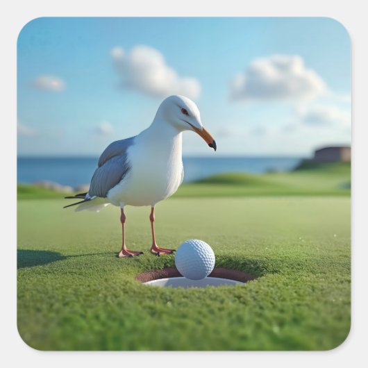 Seagull mit einem Golf-Ball Quadratischer Aufkleber (Vorderseite)