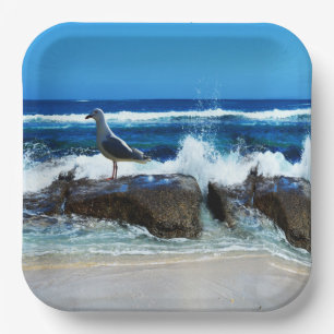 Seagull on Beach Rocks Pappteller