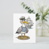 Seagull Sailor with Rope and Ship Background Postkarte (Stehend Vorderseite)