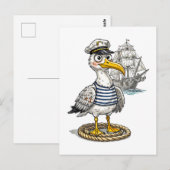 Seagull Sailor with Rope and Ship Background Postkarte (Vorne/Hinten)