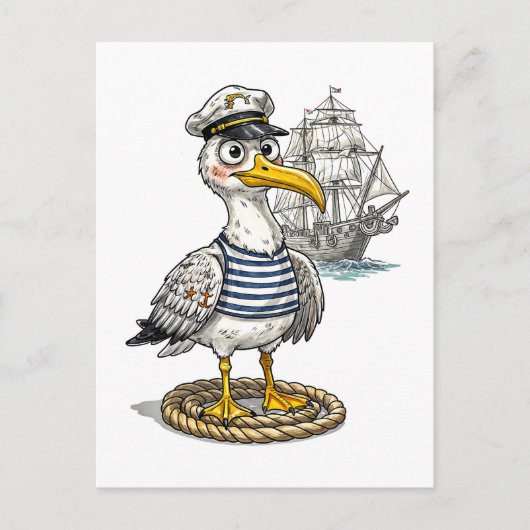 Seagull Sailor with Rope and Ship Background Postkarte (Vorderseite)
