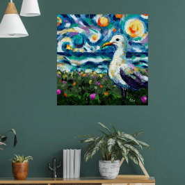 Seagull Van Gogh Style Beach Sky Blue Aquamarin Poster