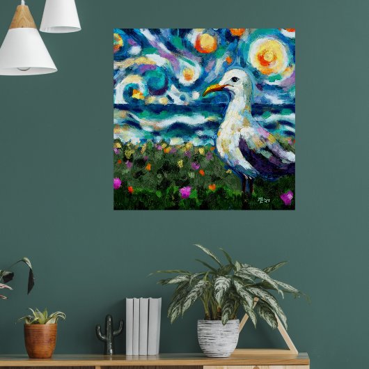 Seagull Van Gogh Style Beach Sky Blue Aquamarin Poster (Wohnzimmer 1)
