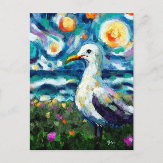 Seagull Van Gogh Style Beach Sky Blue Aquamarin Postkarte (Vorderseite)