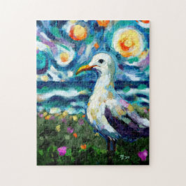 Seagull Van Gogh Style Beach Sky Blue Aquamarin Puzzle