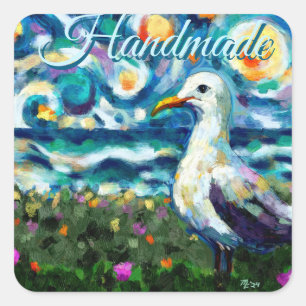 Seagull Van Gogh Style Beach Sky Handmade Quadratischer Aufkleber