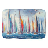 Seagulls Soaring With a Sailboat Regatta Badematte (Vorderseite)