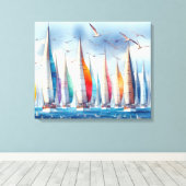 Seagulls Soaring With a Sailboat Regatta Leinwanddruck (Insitu (Holzboden))