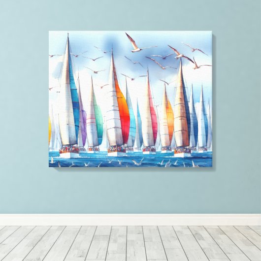 Seagulls Soaring With a Sailboat Regatta Leinwanddruck (Insitu (Holzboden))