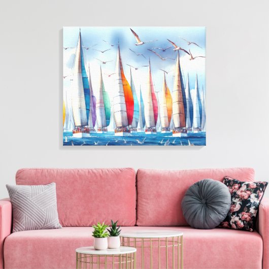 Seagulls Soaring With a Sailboat Regatta Leinwanddruck (Insitu (Wohnzimmer))