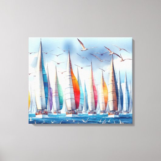 Seagulls Soaring With a Sailboat Regatta Leinwanddruck (Vorderseite)