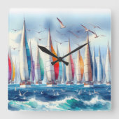 Seagulls Soaring With a Sailboat Regatta Quadratische Wanduhr (Vorderseite)
