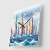 Seagulls Soaring With a Sailboat Regatta Quadratische Wanduhr (Winkel)