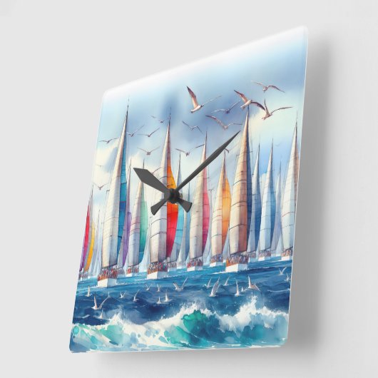 Seagulls Soaring With a Sailboat Regatta Quadratische Wanduhr (Winkel)