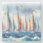 Seagulls Soaring With a Sailboat Regatta Steinuntersetzer (Vorderseite)
