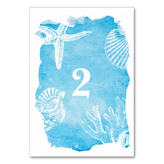 Seahells auf Watercolor Wedding Tischnummer (Vorderseite)