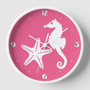 Seahorse & starfish - Coral Pink and White Wanduhr
