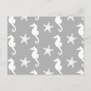 Seahorse & starfish - white on silver grey postkarte