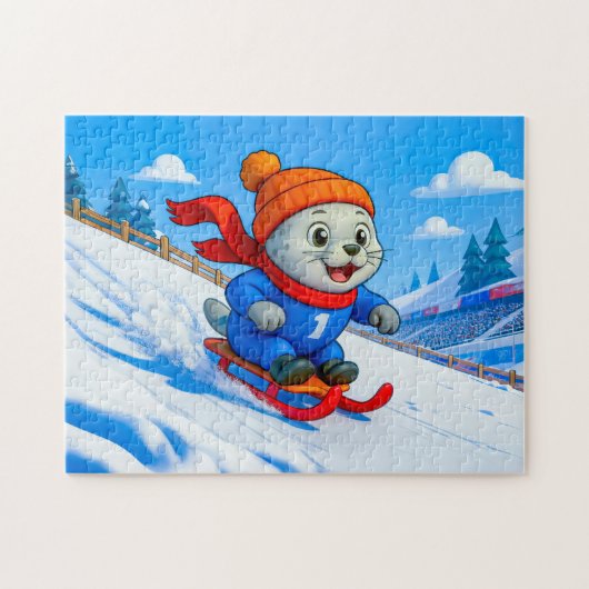 Seal Sledding Down a Snowy Mountain Hill Puzzle (Horizontal)