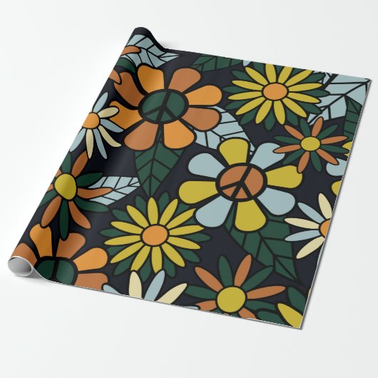 Seamless 70's retro hippie flowers pattern - Vinta Geschenkpapier (Ungerollt)