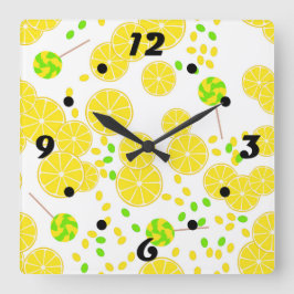 Seamless bright lemon slices candy lollipops sweet quadratische wanduhr