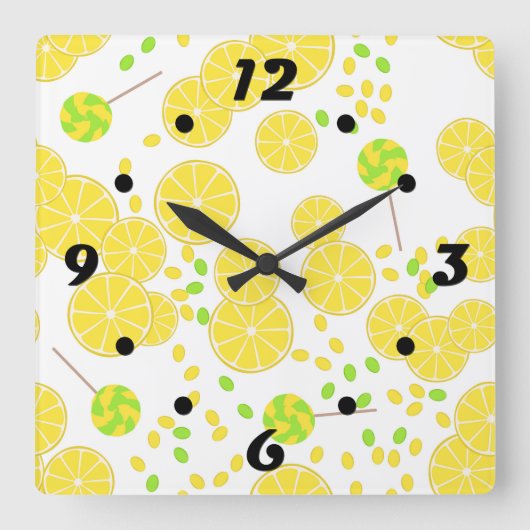 Seamless bright lemon slices candy lollipops sweet quadratische wanduhr (Vorderseite)