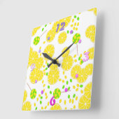 Seamless bright lemon slices candy lollipops sweet quadratische wanduhr (Winkel)