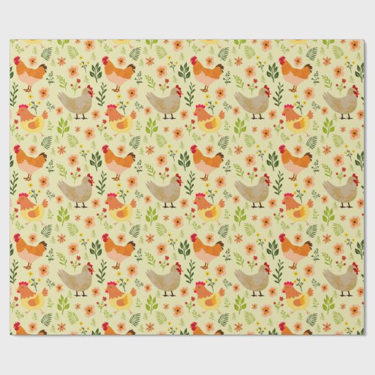 Seamless Farm Hühnchen und Blumenmuster Geschenkpapier (Flach)