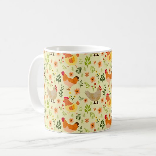 Seamless Farm Hühnchen und Blumenmuster Kaffeetasse (Vorderseite Links)