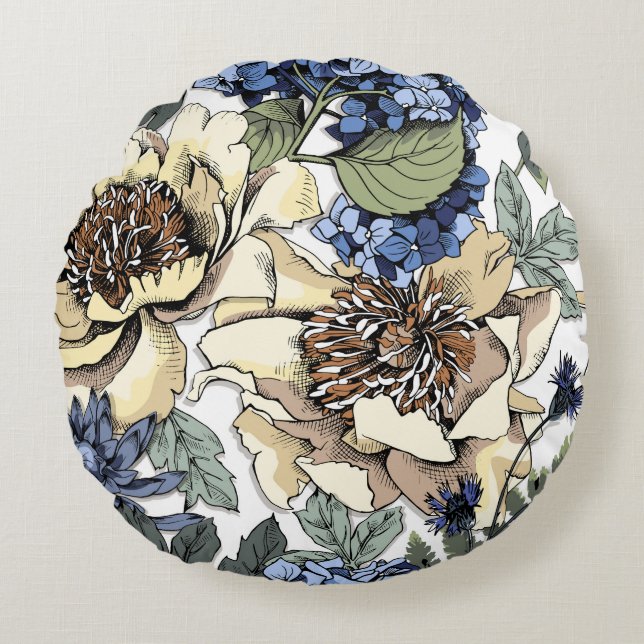 Seamless floral pattern. Hydrangea,  Peony,  wildf Rundes Kissen (Vorderseite)