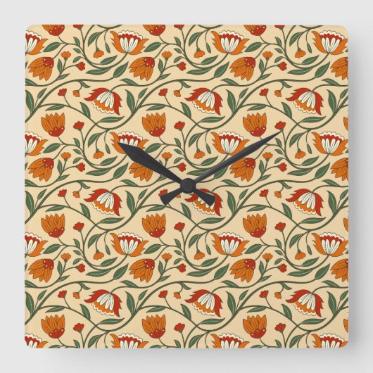 Seamless floral pattern in beige background quadratische wanduhr (Vorderseite)