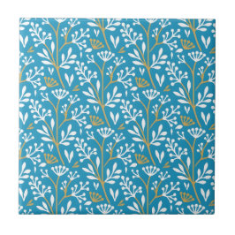 Seamless Floral Pattern: White and Gold on Blue Fliese