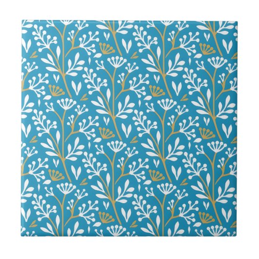 Seamless Floral Pattern: White and Gold on Blue Fliese (Vorderseite)