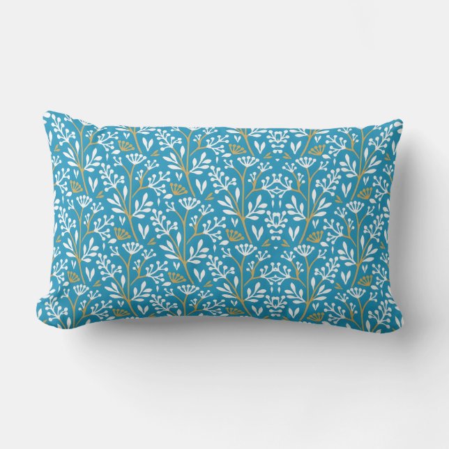 Seamless Floral Pattern: White and Gold on Blue Lendenkissen (Vorderseite)