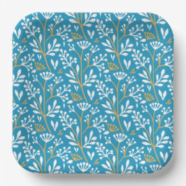 Seamless Floral Pattern: White and Gold on Blue Pappteller