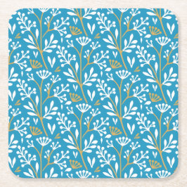 Seamless Floral Pattern: White and Gold on Blue Rechteckiger Pappuntersetzer
